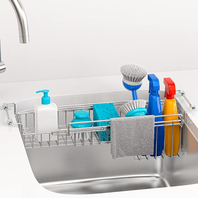 Dish Stands, Over The Kitchen Sink Caddy Sponge Holder Organizer Drying Rack Expandable for Sponge Brush Soap Dish Cloth Rag Smaller 12.25" to 17.25", Stainless Steel - Image 3