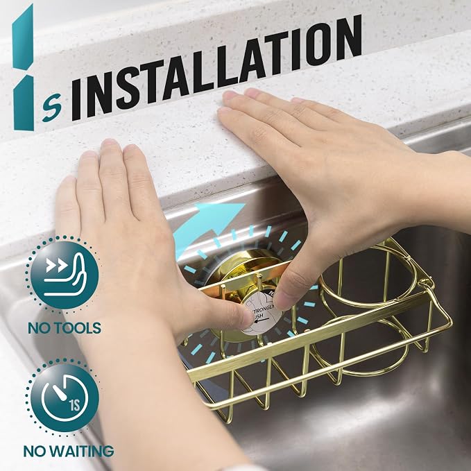 TAILI 4-in-1 Sink Sponge Holder for Kitchen with Strong Suction Cup-Gold | Removable Sink Caddy with Suction Cup, Rustproof 304 Stainless Steel Multi-compartment Sink Organizer for Sponge, Brushes - Image 2