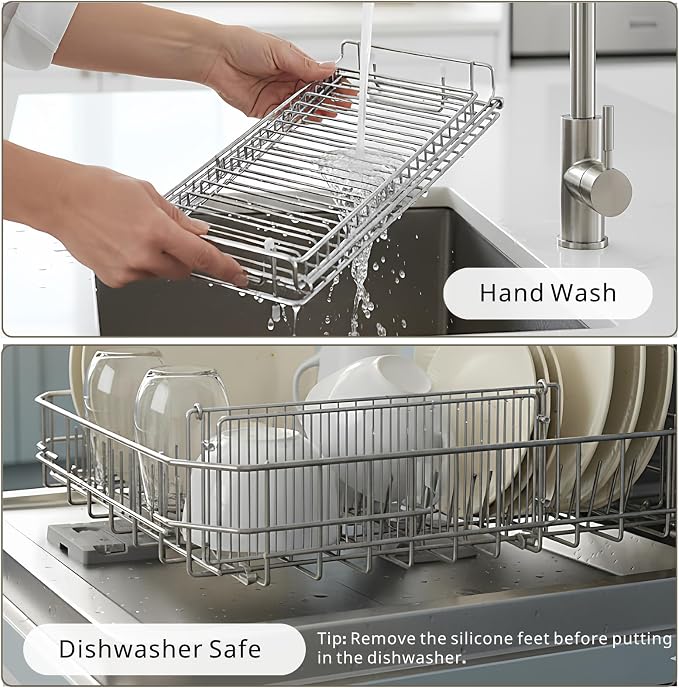 Collapsible Dish Drying Rack, Stainless Steel Folding Dish Rack | Foldable Small Dish Drying Drainer Racks for Kitchen Counter, Space-Saving & Compact Design, Silver - Image 4