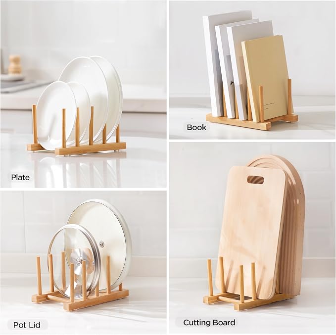 Bamboo Dish Drying Rack for Kitchen Counter & Cabinet (4 Slots) | Detachable Dish/Book/Plate/Bowl/Cup/Cutting Board/Pot Lid Organizer for Kitchen, Living Room, Study, Display Cabinet - Image 4