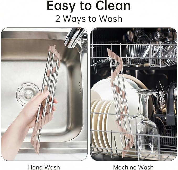 Tomorotec Triangle Roll Up Dish Drying Rack 304 Stainless Steel Beige | BPA-Free Food-Grade Silicone Edges Foldable Waterproof Rustproof Heavy-Duty Space Saver Heat Resistant to 550°F - Image 5