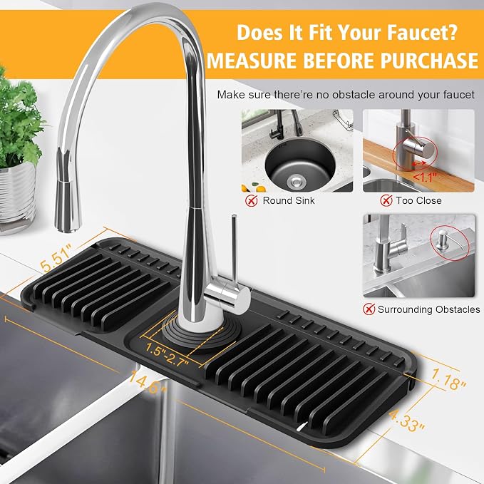 14.6-Inch Kitchen Sink Splash Guard Mat | 7° Slope for Fast Self-Draining | Snap-Lock Design | Universal & Cuttable Silicone Faucet Mat BLACK - Image 3