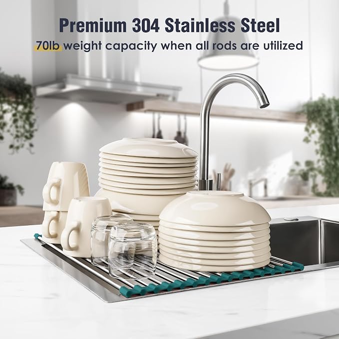 Tomorotec Roll Up Dish Drying Rack Over Sink,304 Steel,17.7x12.5,DarkGreen | Anti-Slip Silicone Rims For Grip, Heat-Resistant Trivet Mat Holding Heavy Cookware, Rustproof Kitchen Counter Space Saver - Image 5