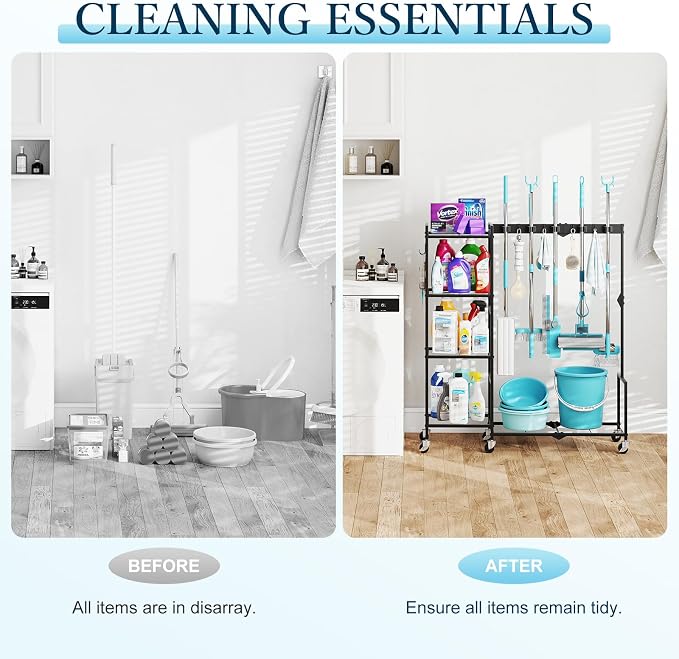 Broom Holder with Cleaning Supplies Organizer, Heavy Duty Janitorial Housekeeping Cart with Mop Clips & Hooks, Home Essentials Broom Closet Storage, Multifunctional Cleaning Cart for Laundry - Image 5