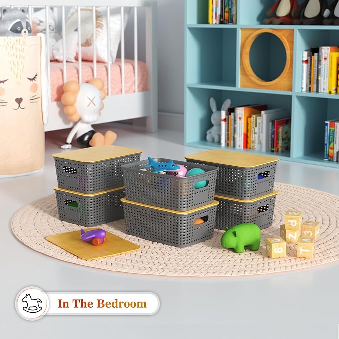 Ohmlove 6 Pack Plastic Storage Baskets with Bamboo Lids for Organization | Stackable Storage bins, Storages Baskets for Organizing Shelves Drawers Desktop Closet Playroom Classroom Office,Gray - Image 5