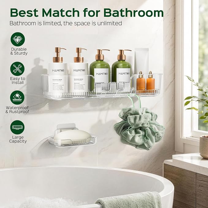 HAMITOR 2 Pack Adhesive Shower Caddy, Clear Transparent Shower Organizer | Modern Clear Design, Waterproof Adhesive Setup, Quick Drainage Shelves, Perfect for Homeowner, Apartments & Stylish Bathrooms - Image 8