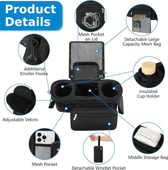 Accmor Universal Stroller Organizer with Insulated Cup Holder Detachable Phone Bag and Shoulder Strap,Stroller Bag Caddy Organizer for Uppababy, Baby Jogger, Britax Strollers - Image 6
