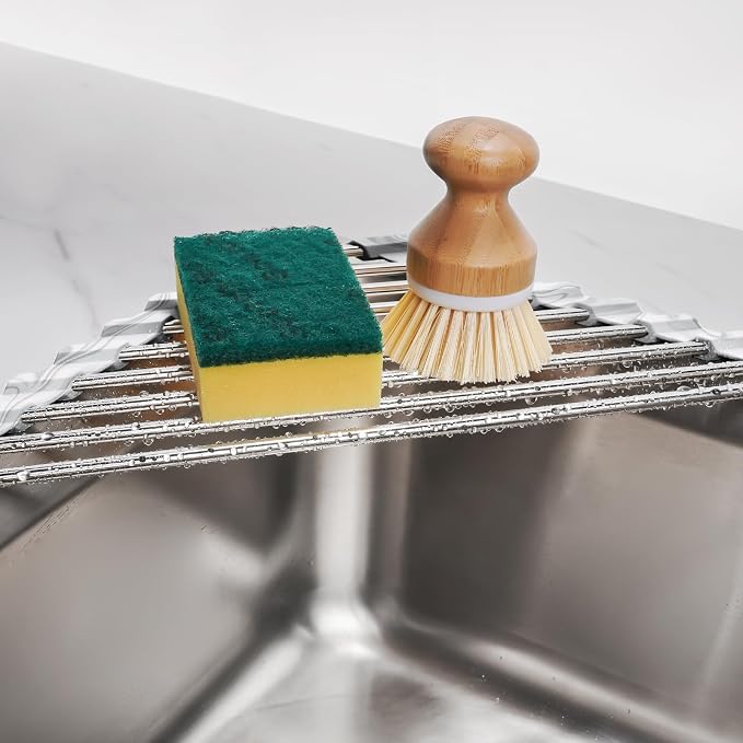 Tomorotec Marble Triangle Roll-Up Dish Drying Rack for Sink Corner - Small, Foldable, Stainless Steel, Multipurpose Kitchen Drainer Caddy, Trivet, Rustproof Organizer, Storage Shelf | BPA-Free Food-Grade Silicone Edges Foldable Waterproof Rustproof Hea... - Image 3