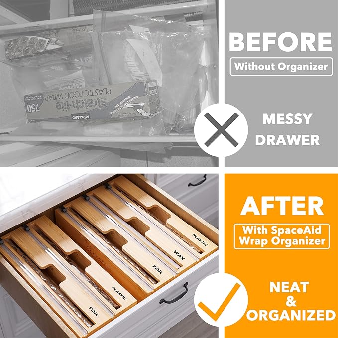 SpaceAid WrapNeat 2 in 1 Wrap Organizer with Cutter and Labels, Plastic Wrap, Aluminum Foil and Wax Bamboo Dispenser for Kitchen Storage Organization Holder for 12" Roll (Natural) - Image 2