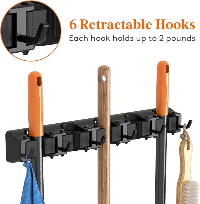 Lifewit Mop and Broom Holder Organzier Wall Hanging Mount, Black, 2 Pack | Anti-Slip Broom Storage for Cleaning Organizer, Easy Install Tool Hanging Rack with 5 slots & 6 hooks for Kitchen, Garage - Image 4