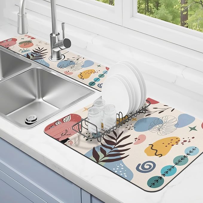 Dish Drying Mat for Kitchen Counter Matt, 2PCS 19"x12" Dish Drainer Mat & 24"x5.5" Sink Splash Guard, Super Absorbent Non-slip Rubber Backed by Kuyig+Home