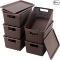 6 Pack Plastic Storage Baskets with Lid,Brown Stackable Bins | Durable Woven Plastic With handle Breathable,Save space ,For Organizing Desktops, Closets, Playrooms, Classrooms, Offices by WRRLORS