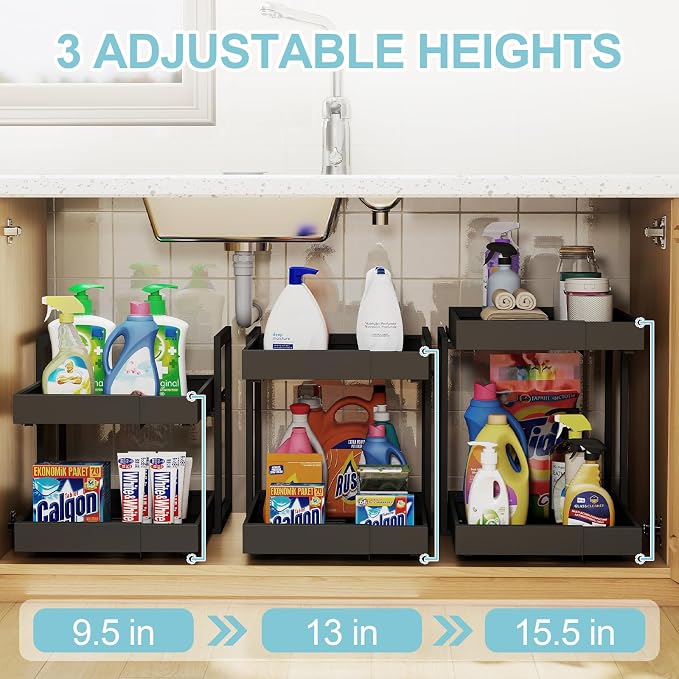 2-Tier Expandable Pull Out Cabinet Organizer, Cabinet Drawers, 21"D | Cabinet Pull Out shelves, Adjustable Pantry Drawers, Slide Out Drawers for Kitchen Cabinets, Under Sink Organizer,Large Black - Image 4