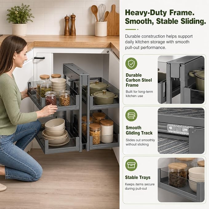 Blind Corner Cabinet Pull Out Organizer, Heavy-Duty Magic Corner Shelves with Soft Close, 2-Tier Full Extension Baskets for 13",14.1",15.3",16.9" Kitchen Cabinets, Left & Right Compatible - Image 8