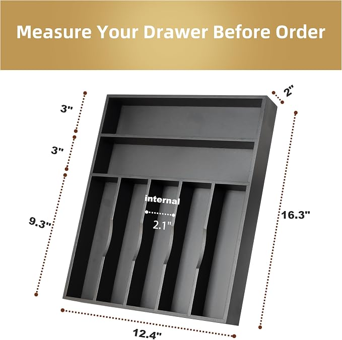 Bamboo Silverware Holder Drawer Utensil Organizer with 7 Slots Black | 13 Inch, 7 Divided Slots, Black Bamboo Wooden, Organize Kitchen Bedroom Office, Flatware Spoon Fork Cutlery Tray - Image 2