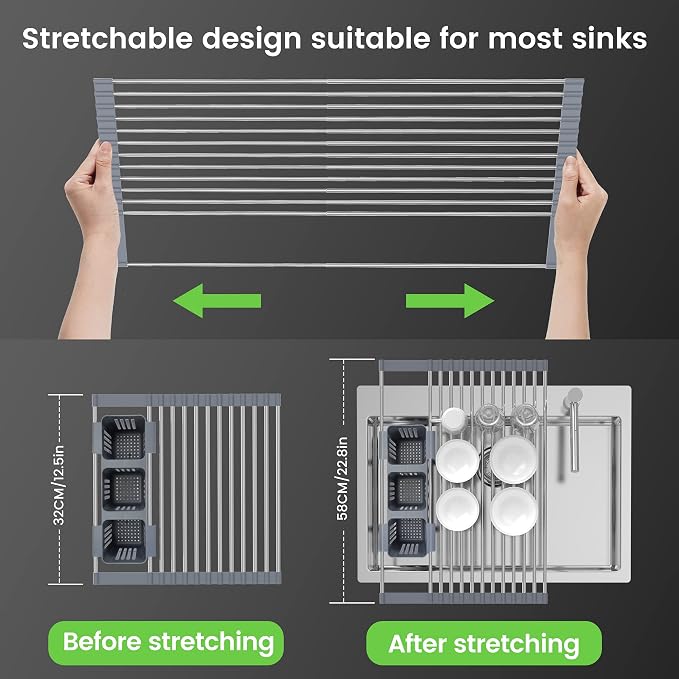 BBXTYLY Expandable Roll Up Dish Drying Rack Up to 22.8''with 2 Storage Baskets,Over The Sink Kitchen Rolling up Dish Drainer Drying Rack, Foldable,Rollable,for Kitchen Dishes(Expandable Width Size) - Image 3