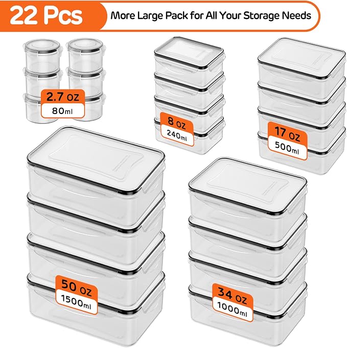 44 PCS Airtight Food Storage Container with Lid (22 Lids & 22 Containers) | Leakproof Plastic Kitchen Organization Set Reusable Microwave/Freezer/Dishwasher Safe Meal Prep Container with Label & Pen - Image 2