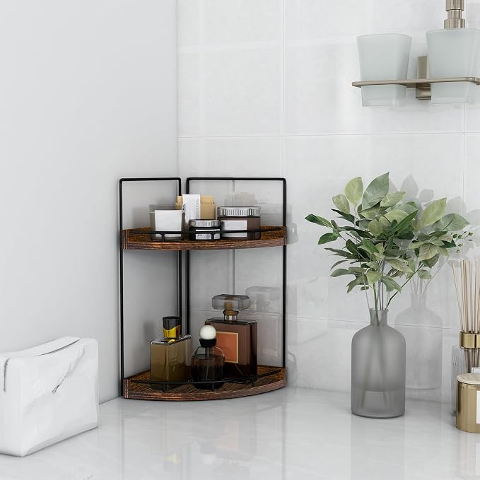 Dorhors Corner Bathroom Counter Organizer,Vanity Countertop Storage Shelf | 2-Tier Dark Red Rack Holder for Skincare,Perfume,Makeup,Lotion,Wood Sink Tray Stand for Kitchen,Restroom,Dresser - Image 5