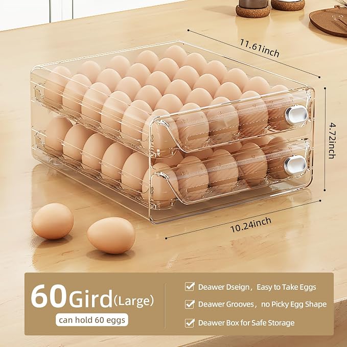 60 Eggs Organizer for Refrigerator, Large Egg Holder for Fridge, Clear Egg Container for Refrigerator, Stackable Egg Storage Trays for Countertop, Egg Drawer Dispenser, Egg Storage Container - Image 3