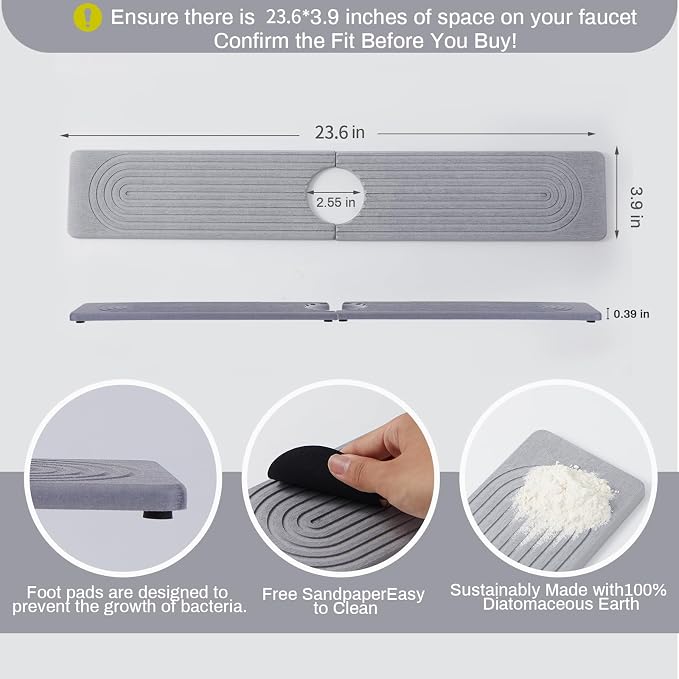 Fast Drying Stone Faucet Mat for Kitchen Sink with Raised Feet | Sink Splash Guard Water Absorbing Stone Tray for Sink, Counter Protector Matt for Kitchen & Bathroom - Image 2