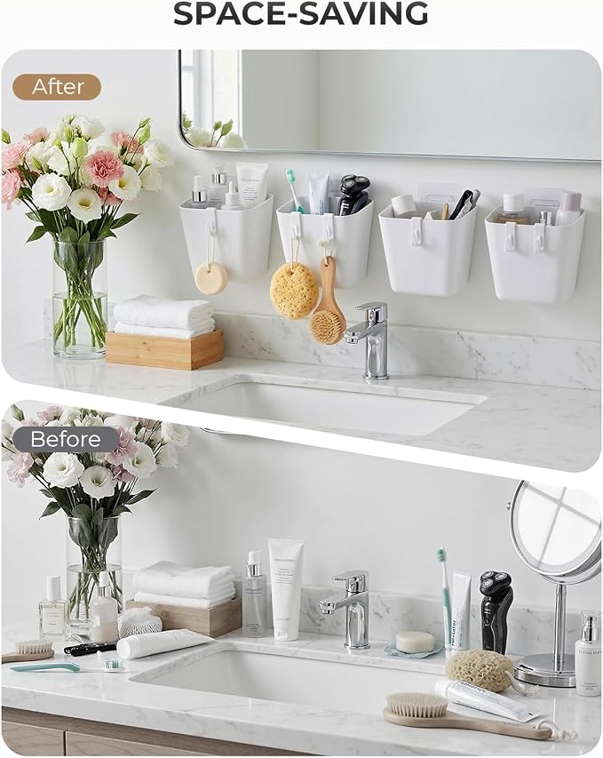 4 Pack Rolling Cart Accessories, White Craft Cart Cup Holder and 6 Hooks for Utility Carts Accessories, Adhesive Kitchen Cabinet Door Storage, Space-Saving Wall Mount Organizer for Bathroom, Office - Image 8