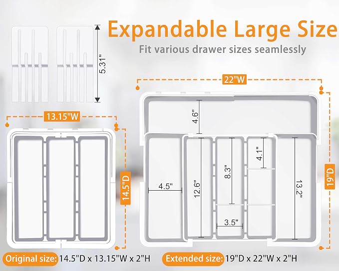 Homecor Kitchen Drawer Organizer Large Expandable Silverware Organizer, Utensil Holder and Flatware Tray, Kitchen Spatula Tools and Gadgets Storage with Removable Knife Blocks and 3 Dividers, White - Image 2