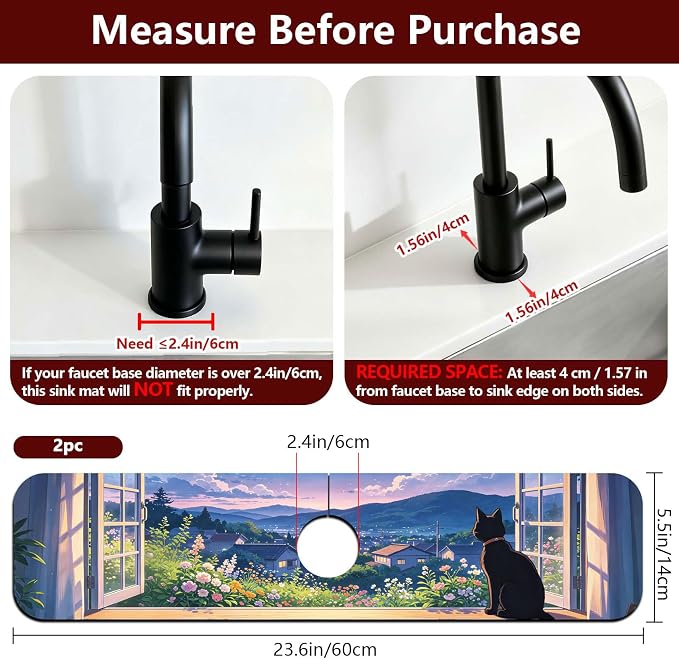 2 Pcs Kitchen Sink Splash Guard Faucet Mat Windowsill Cat Pattern Faucet Mat for Sinks Flower Absorbing Drying Mats for Kitchen Bathroom - Image 2