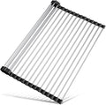 Tomorotec Roll Up Dish Drying Rack Over Sink, 304 Steel, 17.7x12.5, Black | Anti-Slip Silicone Rims For Grip, Heat-Resistant Trivet Mat Holding Heavy Cookware, Rustproof Kitchen Counter Space Saver by Tomorotec