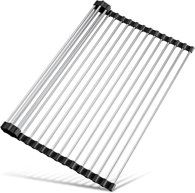 Tomorotec Roll Up Dish Drying Rack Over Sink, 304 Steel, 17.7x12.5, Black | Anti-Slip Silicone Rims For Grip, Heat-Resistant Trivet Mat Holding Heavy Cookware, Rustproof Kitchen Counter Space Saver by Tomorotec