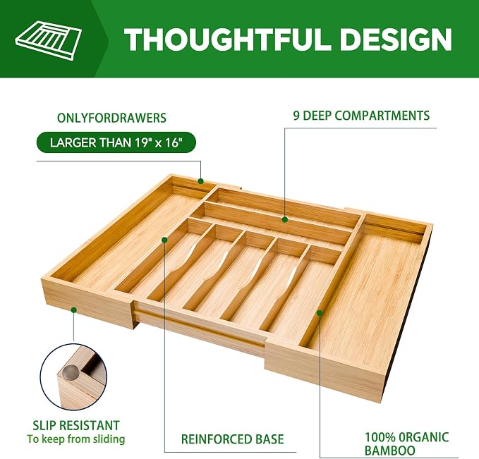 Simple Trending Expandable Bamboo Kitchen Drawer Organizer, Natural | Adjustable Silverware Organizer with 9 Compartments, Practical Utensil Cutlery Tray for Flatware, Flexible Storage - Image 4