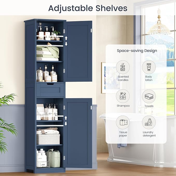 Iwell 67" Tall Bathroom Cabinet, Storage Cabinet with 2 Doors & 1 Drawer, Bathroom Storage Cabinets with Adjustable Shelves, for Living Room, Laundry Room, Home Office, Blue - Image 6