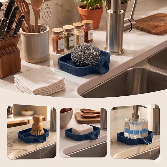 MicoYang Silicone Soap Dish with Drain Spout, Self-Draining Sink Organizer Tray for Bathroom and Kitchen, Sponges, Dispensers & Soap Holder, Non-Slip & Dishwasher Safe, Navy Blue (Compact, 4.9"×3.2") - Image 3