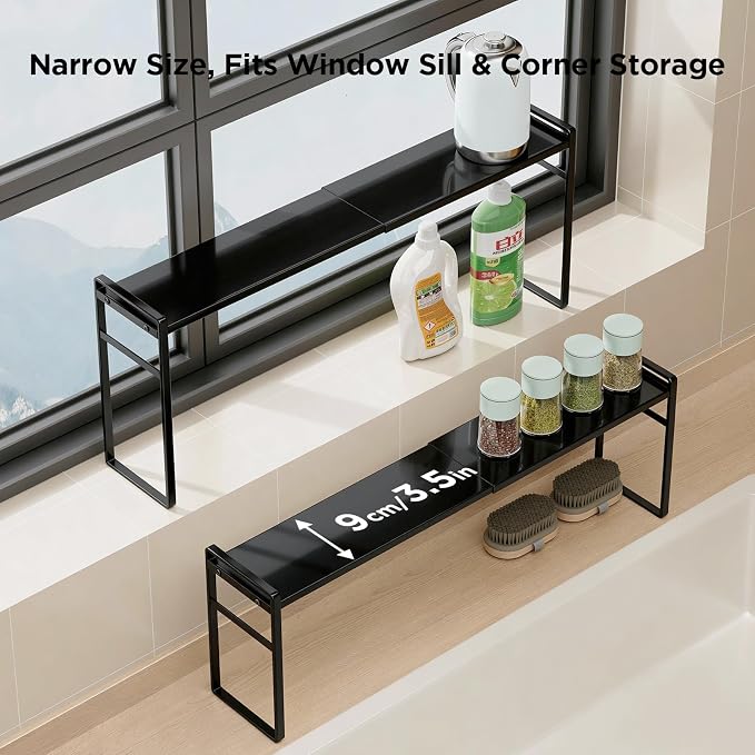Expandable Narrow Shelf Organizer with 2-Level Adjustable Height | Black, Tall Countertop Organizer for Tight Spaces, Windowsill Plant Stand, Over-Sink/Faucet Shelf, Kitchen Counter Storage - Image 4