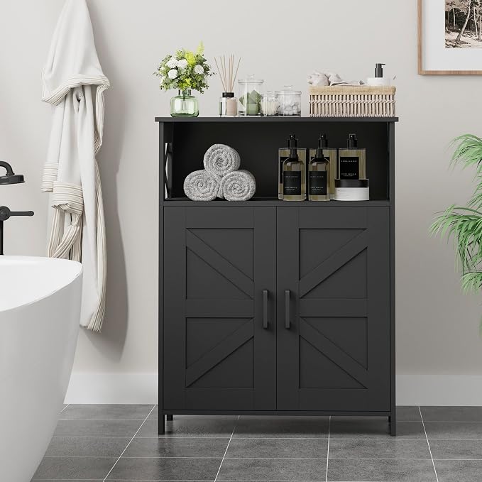 Homhedy Farmhouse Bathroom Storage Cabinet with Doors, Small Floor Cabinet | Toilet Paper Cabinet with Adjustable Shelf, Freestanding Storage Cabinet for Kitchen/Laundry/Living Room, 24"W, Black - Image 2