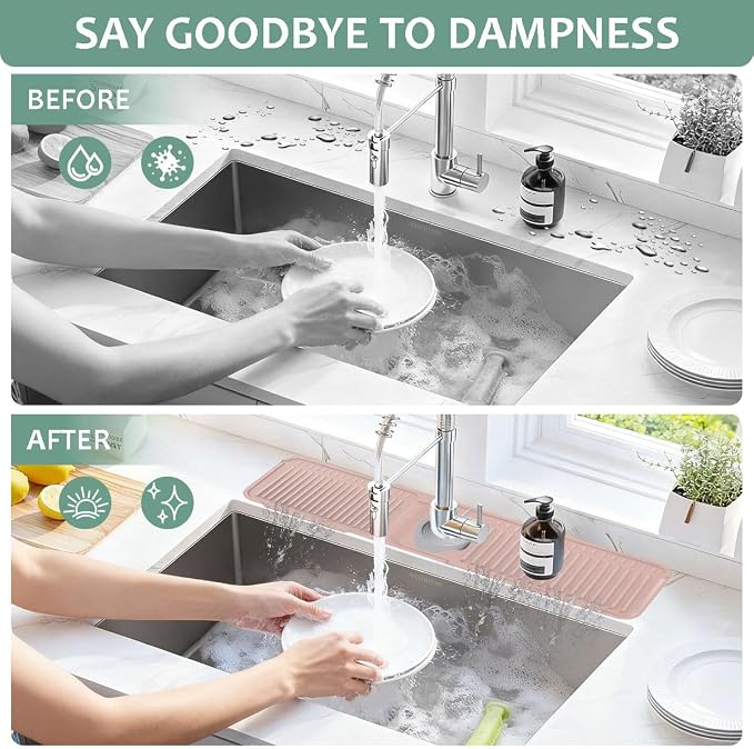 24 Inch Upgraded Draining Mat Folding faucet Mat for Bathroom Sink Splash Guard 7° Slope with Button Lock Water Draining Pad for Kitchen Bathroom Bar(Pink) - Image 4