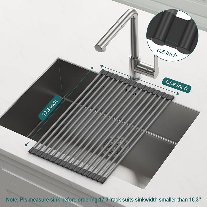 Roll Up Dish Drying Rack, Silicone Wrapped Over The Sink Multipurpose Foldable Dish Drainer Anti-Slip Coated Stainless Steel Dish Racks for Kitchen Counter, Sink Drying Rack (Black, 17.3" x 12.4") - Image 2