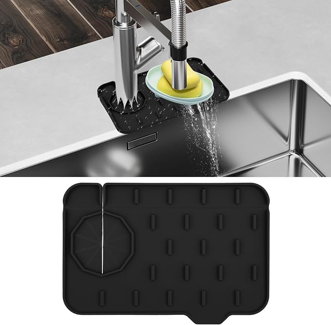 Dimeho Sink Faucet Splash Guard Mat Silicone Soap Dish Pad Faucet Handle Drip Catch Sponge Holder Sink Protector Trays for Bathroom Kitchen Countertop Gadgets Accessories 8.3 x 5.7 Inch(Black) by Dimeho