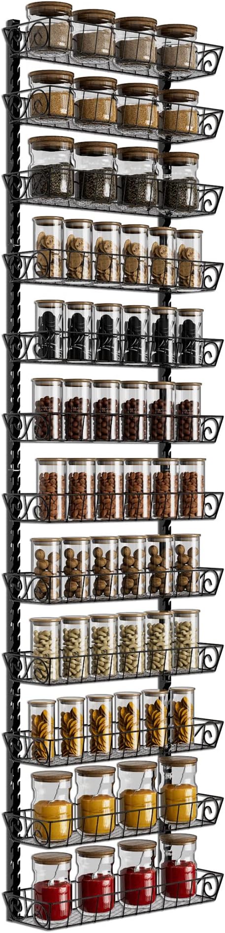 SWOMMOLY Wall Mount Spice Rack Organizer, 12-Tier Adjustable Dual-Use Shelf | Hanging Spice Rack Organizer, Kitchen Pantry Cabinet Storage Holder for Spices, Mason Jars, Bottles & Cans, Black by SWOMMOLY