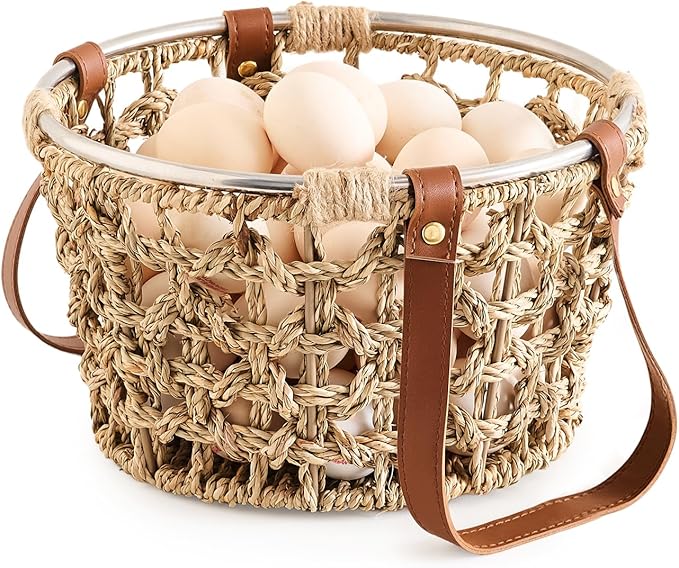 Farmhouse Seagrass Egg Baskets - Handmade Wicker Egg Collecting Basket with Handle by LGENHOOMHandwovenNaturalWaterHyacinthBasket