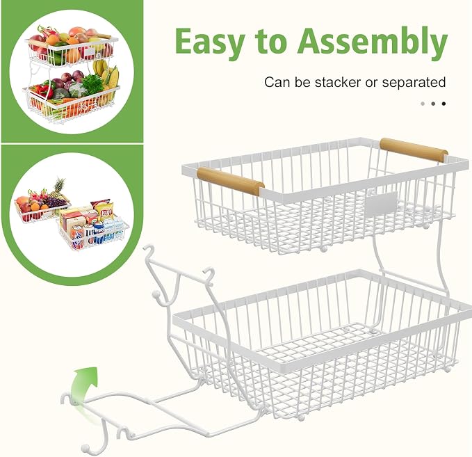 2 Tier Fruit Basket for Kitchen Counter with 2 Banana Hangers, Countertop Metal Bread Basket with Wooden Handle, Large Storage Stand for Vegetables, Snacks, Eggs, Produce Storage – White - Image 8