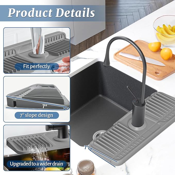 PoYang 14.6 Inch Faucet Mat for Kitchen Sink Splash Guard, Silicone, Grey | Sink Protectors with 7° Slope for Smooth Drainage, Snap Button Holds It in Place, 90° Foldable & Cuttable Hole Fit Most Sinks - Image 8