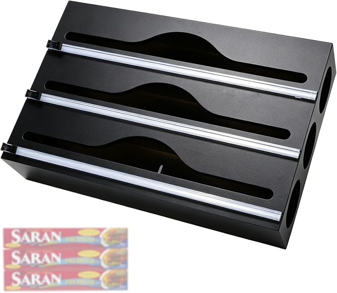 Wrap Dispenser Compatible with Saran, 3 in 1 Cutter Organizer, Black | Three slots hold standard 12-inch rolls, with side loading and wall-mount option to help keep cabinets and counters tidy by Unknown