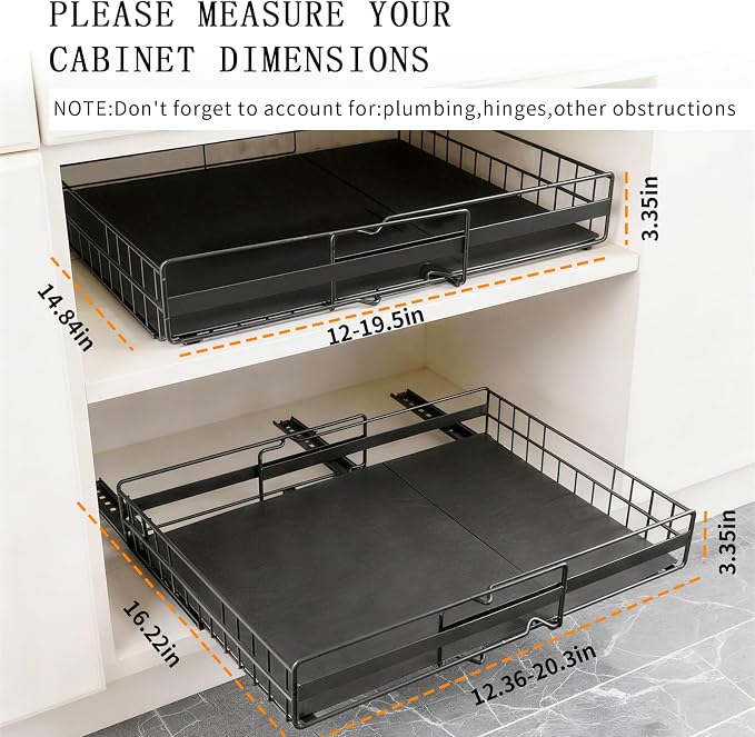2 Pack Expandable Pull out Cabinet Organizer, Width (13"-21") 22" Deep Pull Out Drawers for Cabinets, Upgrade 3 Slide Rails Slide Out Drawers, No Drill Adjustable Roll Out Shelves (Black) - Image 2