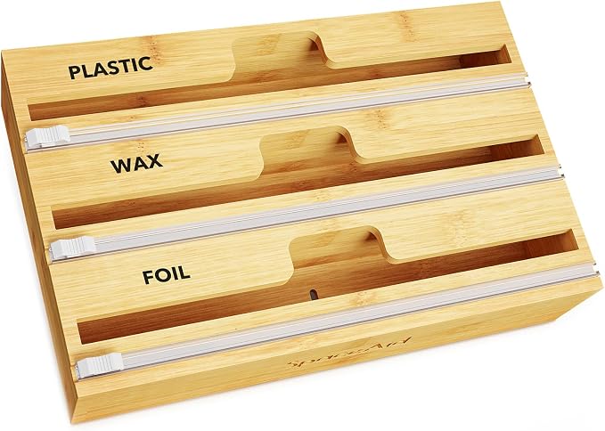 SpaceAid WrapNeat 3 in 1 Wrap Organizer with Cutter and Labels, Plastic Wrap, Aluminum Foil and Wax Bamboo Dispenser for Kitchen Storage Organization Holder for 12" Roll (Natural, 3-Slot) by SpaceAid