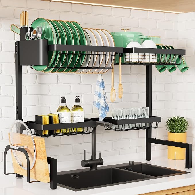 Kitsure Adjustable Over The Sink Dish Drying Rack, 26.8" -33.9"x21.5" | Sink Drying Rack for Kitchen Sink, Dish Rack Over Sink with Cutlery & Utensil Holders, Kitchen Storage, Black by Kitsure