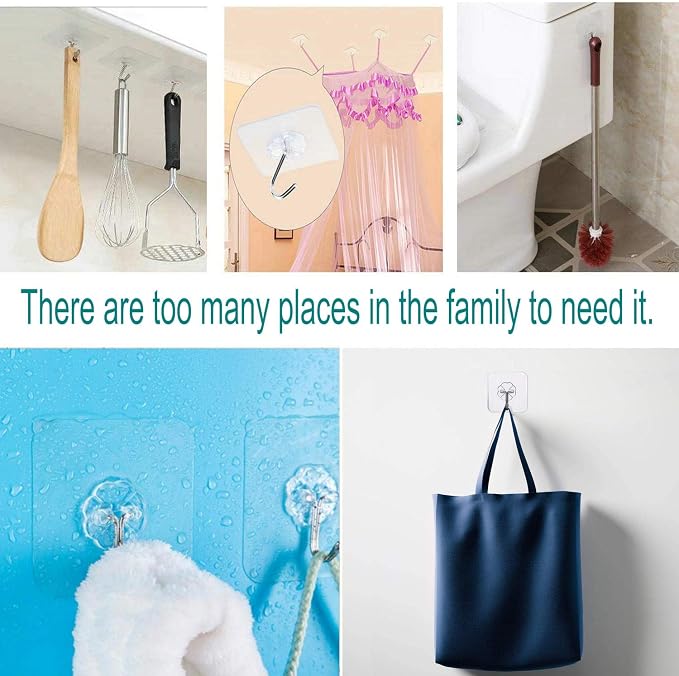 12 Pack Adhesive Wall Hooks Heavy Duty No Drill Clear Sticky Hooks, 33LB | Waterproof Transparent Sticky Hooks for Hanging, 33lbs Max Load No Damage,Ideal for Towel,Coat,Bathroom,Kitchen,Home - Image 3