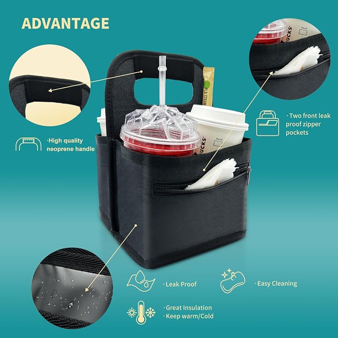 Reusable Coffee Cup or Cans Carrier, Take Out Cup Holder, Handle Tote Bag Drink Holder with 2 Organizer Pockets for Hot & Cold Beverages, for Delivery and Take Out (Neoprene Black) - Image 3