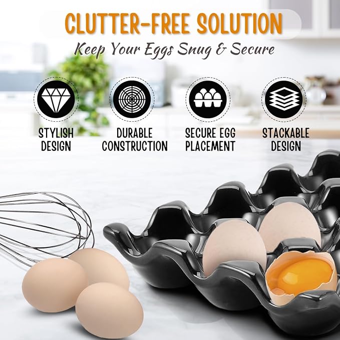 Flexzion 12 Cups Ceramic Egg Holder for Fridge - Dozen Ceramic Egg Tray Porcelain Container Storage Organizer Decorative Serving Stand Serveware for Refrigerator Countertop Display (Black, 2 Pack) - Image 4