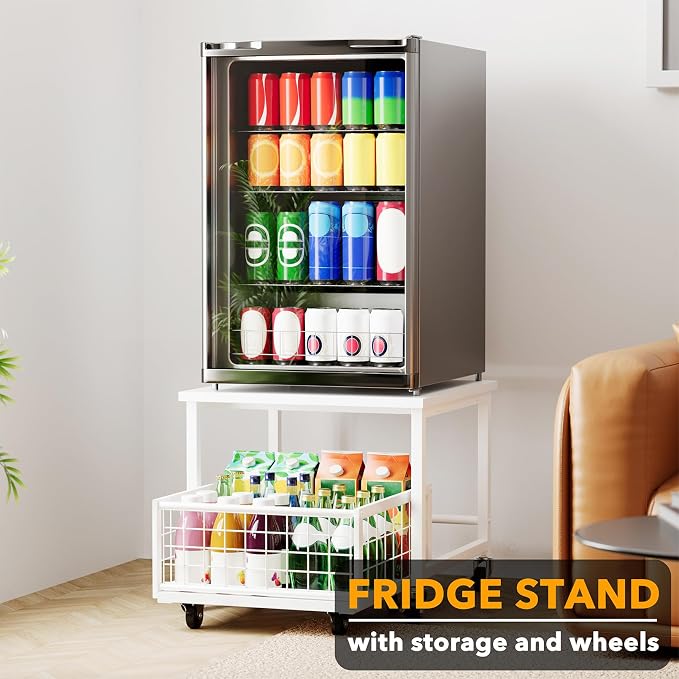 SpaceAid Mini Fridge Stand with Storage, 19.7" W x 19.7" D Heavy Duty Mobile Refrigerator Shelf Stand Table with Wheels, Fridge Cart Organizer with Drawer Basket for Home Dorm Office (White) - Image 2