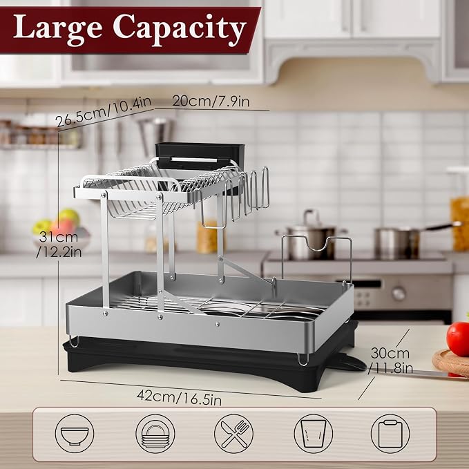 Dish Drying Rack, 2 Tier Foldable Stainless Steel Dish Racks for Kitchen Counter, Multifunctional Large Dish Drainer with Rotatable Spout, Utensil Holder and Mug Holder, Silver Black - Image 3